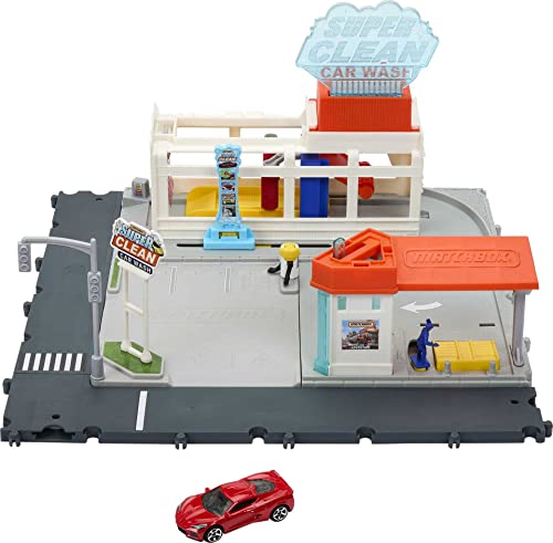 Matchbox Cars Playset, Action Drivers Super Clean Car Wash with 1 Toy Chevrolet Corvette in 1:64 Scale, Lights & Sounds