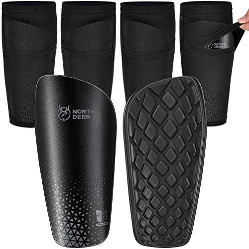Northdeer Men's Soccer Shin Guards incl. 2 Pair of Sleeves with Optimized Insert Pocket - Protective Soccer Shin Pads for Men Women Adults (Black L)