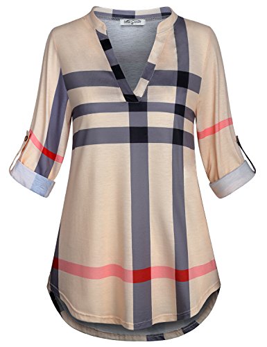 SeSe Code Blouses for Women Business Casual, 3/4 Sleeve Shirts to Wear with Leggings V Neck Fall Work Trendy A-Line Tops Grey and Beige L