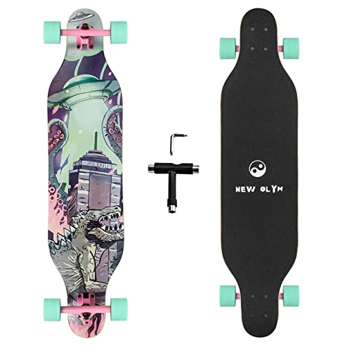 New Olym Longboard Skateboard 41 Inch 8 Layer Canadian Maple Drop Through Longboards for Youths Beginners, Dinosaur