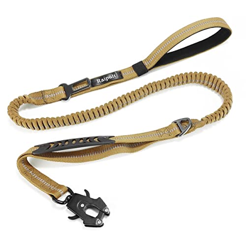 Raipult Heavy Duty Tactical Bungee Dog Leash, 4-6FT No Pull Dog Leash with Quick Release Carabiner, Reflective Shock Absorbing Leashes with Car Seatbelt for Medium Large Dogs,Khaki