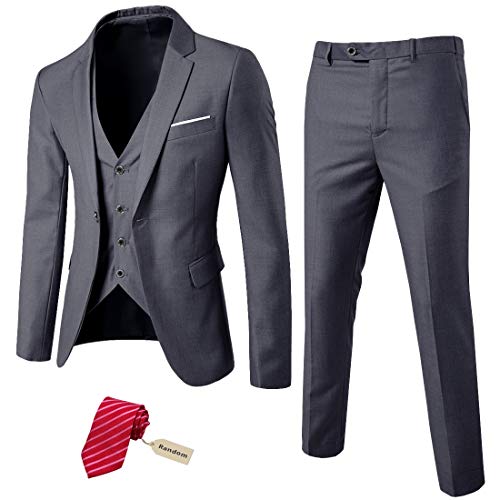 MYS Men's 3 Piece Slim Fit Suit Set, One Button Solid Jacket Vest Pants with Tie Dark Grey