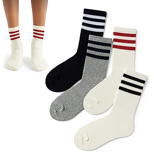 4 PAIRS Retro Stripe Tube Socks Classic Athletic Sport Crew Socks For Women Casual Cotton Novelty Socks Unisex