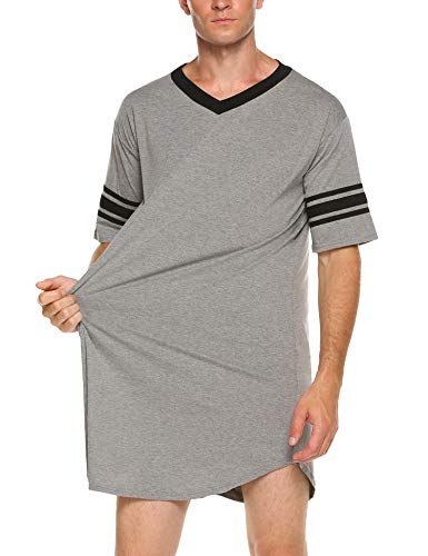 Ekouaer Mens Nightshirt Cotton Nightwear Comfy Big&Tall V Neck Short Sleeve Soft Loose Pajama Sleep Shirt,Grey,XX-Large