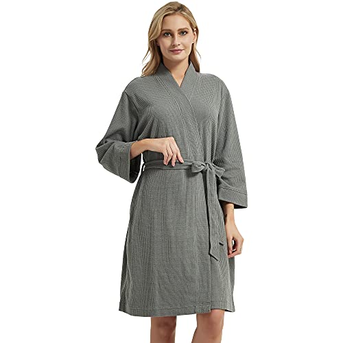 DaysU Waffle Robe for Women, Lightweight Mid-length Unisex Kimono Robe for Bath and Spa, M-L Size, Grey, 1Piece