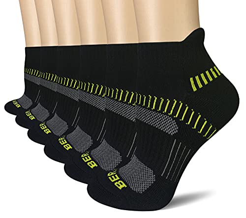 BERING Women's Performance Athletic Ankle Running Socks, Size 7-9, Black, 6 Pack