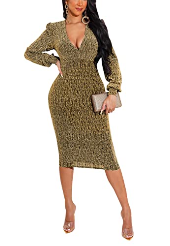 BessCops Gold Dresses for Women Sparkly Sexy Long Sleeve Deep V Neck Cocktail Bodycon Elegant Dress Large