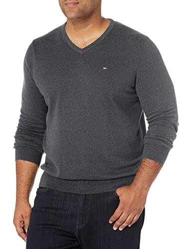 Tommy Hilfiger mens Cotton V Neck Sweater, Asphalt Heather, Large US