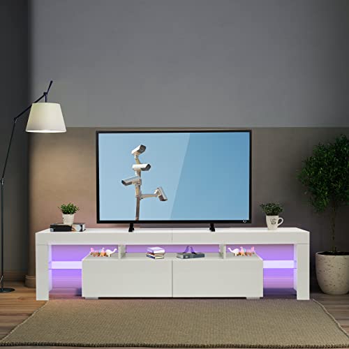 Bonnlo LED TV Stand Modern TV Stand with LED Lights for 75/80/82/86 Inch TV, TV Cabinet Media Storage Console Table with Drawer and Shelves for Living Room Bedroom Furniture