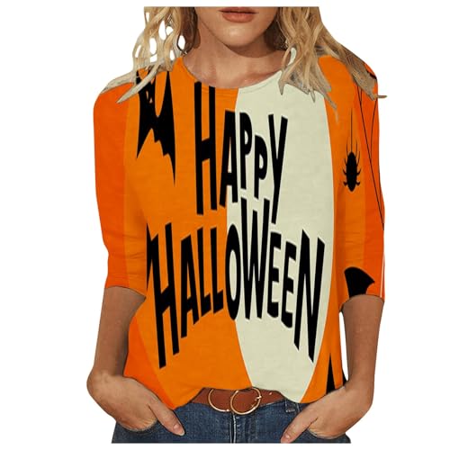 ZZWXWA Women Sweatshirt Halloween Printing Blouse 3/4 Sleeve Tunic Shirts Fall Clothes Crewneck Casual Tops Oversized Outfits