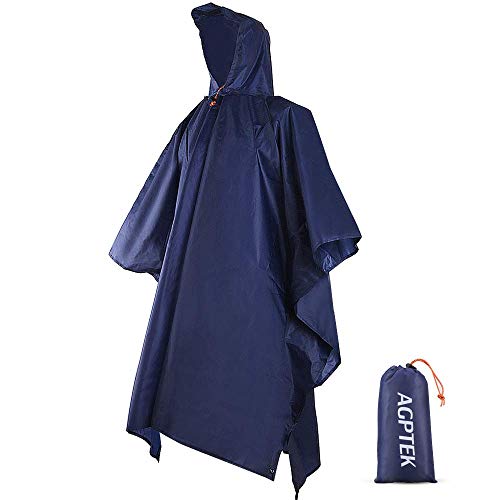 AGPTEK Reusable Rain Ponchos with Hood & 1 Pouch for Adults, Hiking, Camping,Dark Blue