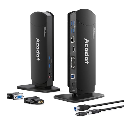 Docking Station Dual Monitor, Acodot 13 in 1 USB 3.0 Laptop Docking Station, USB C Universal Docking Station with HDMI, Gigabit Ethernet, USB 3.0 * 6, VGA, DVI, Audio for Windows, Macbook, Mac