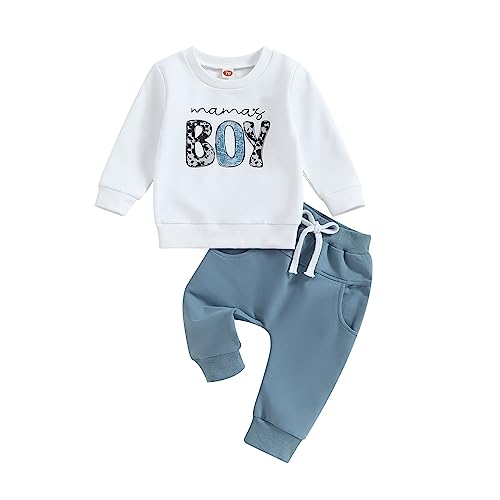 Toddler Baby Boy Clothes Mamas Boy Fall Winter Outfit Long Sleeve Letter Sweatshirt Plaid Jogger Pants Newborn Set (Mamas Boy White, 18-24 Months)