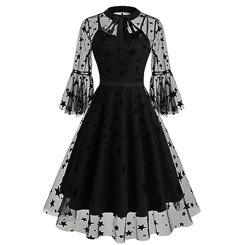 2 Pieces Bow Tie Neck Embroidery Dress for Women Embroidery Tulle Prom Dress Stars Print Embroidered Mesh Dress Illusion Sheer 3/4 Bell Sleeve Formal Short Homecoming Dresses for Teens Black Stars S