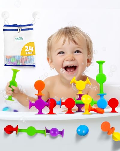 BUNMO Suction Bath Toys 24pcs | Connect, Build, Create | Mold Free Bath Toys | Kids Bath Toys | Toddler Bath Toys | Stocking Stuffers for Kids 3-5 | Montessori Toys