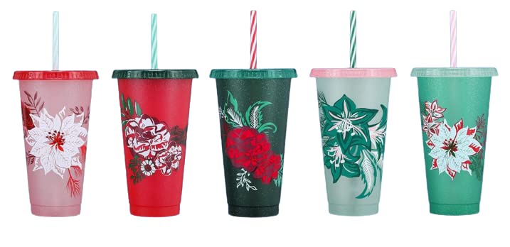 Starbucks Reusable Color Changing 5 Plastic Hot Cups - Limited Edition Holiday & Christmas Gift Hot Cups With Lids