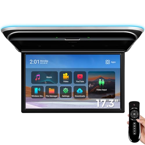 XTRONS Android Car Overhead Player 17.3 Inch Wide IPS Screen 8K Video Car Roof Mount Monitor with Built-in Stereo Speakers Flip Down Overhead Car Monitor Support Bluetooth 5.0, WiFi, HDMI, USB, IR