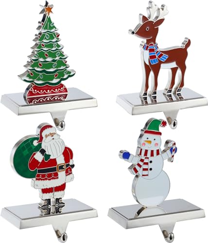 Set of 4 Christmas Stocking Holder for Mantel-Christmas Stocking Hanger for Mantel-Metal Deer Tree Santa Snowman Christmas Stocking Holder for Fireplace Mantle-Heavy Stocking Hooks(2023 New Set)