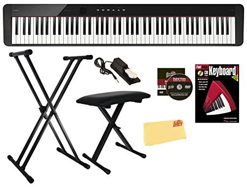 Casio Privia PX-S1100 Digital Piano Bundle with Adjustable Stand, Bench, Sustain Pedal, Instructional Book, Austin Bazaar Instructional DVD, and Polishing Cloth - Black