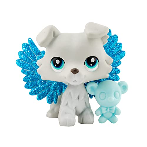 CIEVOO LPS White Grey Collie Dog Puppy Double Blue Eyes with lps Accessories Bear and Wings Candy Rare Old LPS Collectable Pets Small Littlest Pet (Sliver Gray Collie)