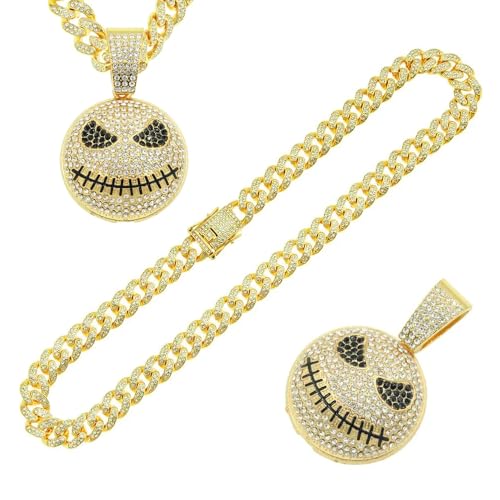 gold cuban link chain with Pendant 20 inches hip hop necklace for men / Women gold chain set Diamond Monster Pendant 18K perfect for celebrations, engagements, parties, Halloween.