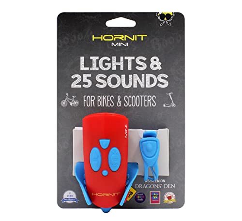 Hornit Mini, Bike & Scooter Horn and Safety Light for Children and Kids, 25 Sound Effects, 6 Light Modes: White Safety Light and Funky Green Light, Blue/Red