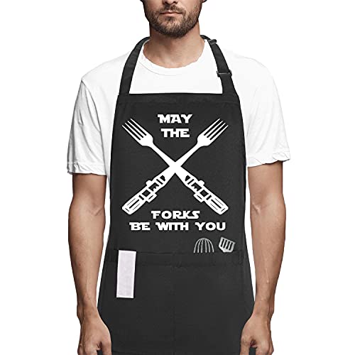 POTALKFREE Funny Cooking Aprons for Men Women with Pocket, May The Forks Be With You Kitchen Chef Apron, BBQ Grilling Gifts for Birthday Christmas Thanksgiving Husband Dad Mom Wife