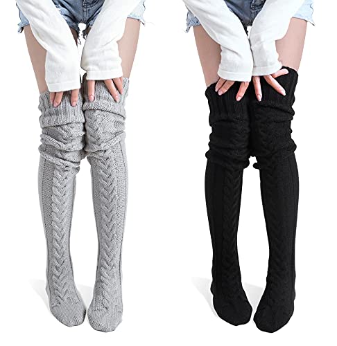 Pcavin Women's Thigh High Socks Over the Knee Cable Knit Boot Socks, Long Warm Fashion Leg Warmers Winter(Gray&Black)