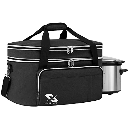 Golkcurx Double Layer Slow Cooker Bag for 6-8 Quart Oval CrockPot and Hamilton Beach Models, with Padded Adjustable Strap, Top Zip Compartment, and Front Pocket for Utensils(Bag Only)