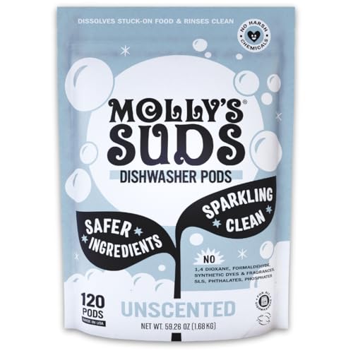 Molly's Suds Dishwasher Pods | Natural Dishwasher Detergent, Cuts Grease & Rinses Clean (Residue-Free) for Sparkling Dishes | 120 Auto-Release Tabs (Unscented)