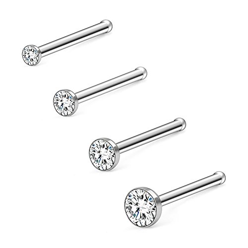 Ruifan 4PCS 18G 316L Surgical Steel 1.5mm 2mm 2.5mm 3mm Jeweled Clear Round Diamond Cubic Zirconia Crystal Nose Bone Studs Rings Pin Piercing Jewelry - Silver