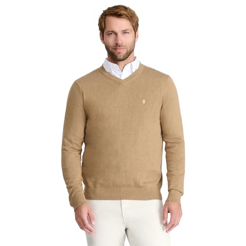 IZOD Men's Premium Essentials Solid V-Neck 12 Gauge Sweater, Camel Heather, Medium