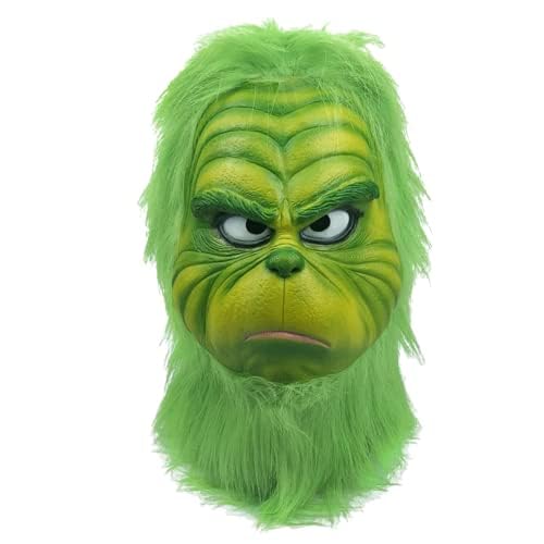 MAKEATREE Christmas Green Thief Monster Mask, Full Face Latex Mask Costume Accessories Prop Decoration Adult