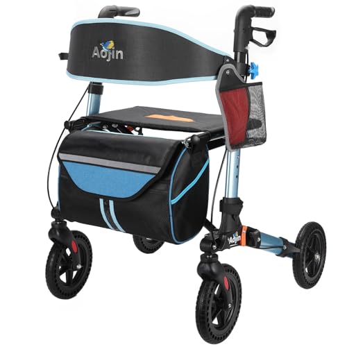 Aojin Rollator Walker for Seniors, Lightweight Foldable All Terrain Rolling Walker with seat, Aluminum Walkers with 8 inch Rubber Wheels, Handles and Backrest for Seniors and Adult