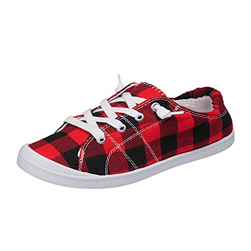 Christmas Print Loafers for Women Canvas Flat Shoes Soft Vulcanize Casual Shoes Ladies Dress Slippers with Thick Heels (X1-Red, 10)