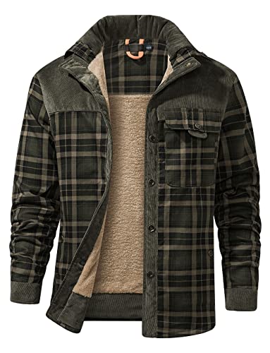 Haellun Men's Long Sleeve Sherpa Lined Shirt Jacket Flannel Plaid Fleece Coats (Medium, Dark green)