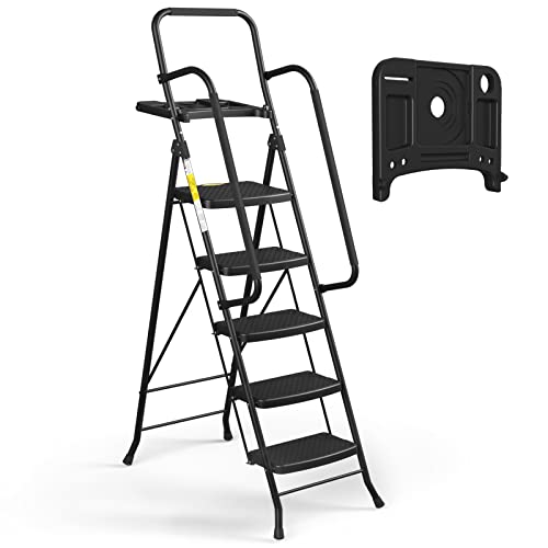 HBTower 5 Step Ladder with Handrails, Folding Step Stool with Tool Platform, 330 LBS Portable Steel Ladder for Adults for Home Kitchen Library Office, Black