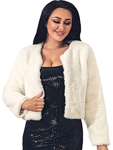 Edary Women Faux Fur Jacket Long Sleeve Coat Open Front Fur Coat Winter Warm Shaggy Faux Fur Parka for Women and Girl(Beige,M)