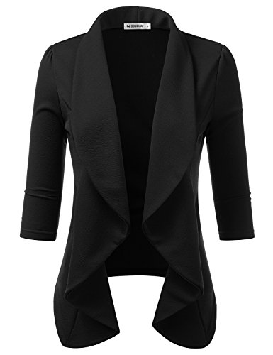 DOUBLJU Lightweight Thin 3/4 Sleeve Open Front Blazer Business Casual Deconstructed Jackets for Womens Clothes with Plus Size Black