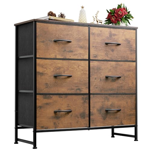 WLIVE Fabric Dresser for Bedroom, 6 Drawer Double Dresser, Storage Tower with Fabric Bins, Chest of Drawers for Closet, Living Room, Hallway, Rustic Brown Wood Grain Print