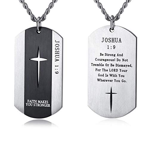 VI.SPORT Joshua 1:9 Cross Dog Tag Necklace Stainless Steel Crucifix Pendant, Be Strong and Courageous Christian Jewelry (White)