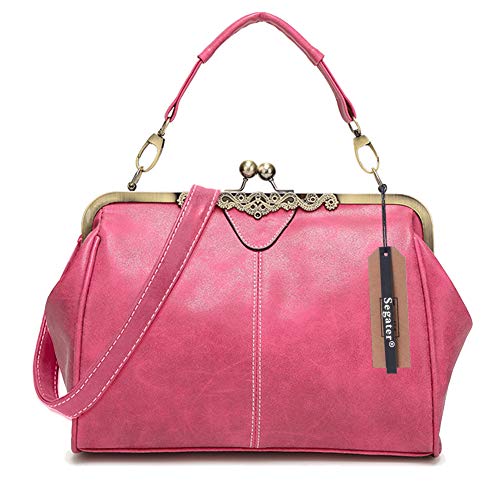 Segater Women Vintage Small Retro Handbags Kiss Lock Crossbody Purse Frosted Leather Messenger Bag Tote