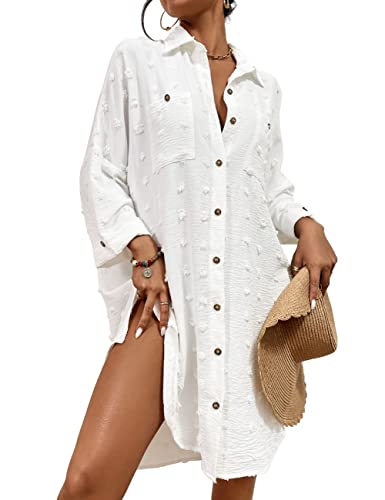 Bsubseach Women Swimsuit Coverup Blouse Button Down Shirt Dresses Swiss Dot Tops White