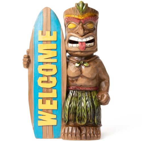 VP Home Welcome Tiki Statue with Surfboard - Solar Powered 14' Tall Tiki Stand with Automatic Switch On Flickering Eyes LED Light - for Outdoor Decoration - Perfect for Beach Resort, Halloween Decor