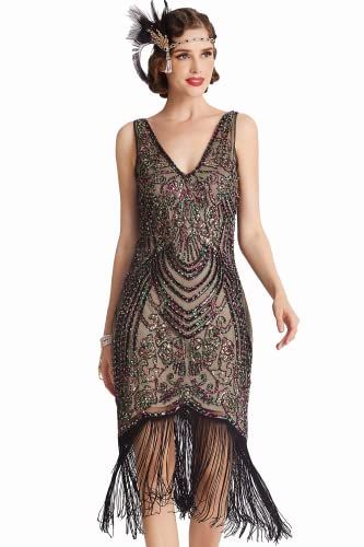 BABEYOND Flapper Dresses 1920s V Neck Beaded Fringed Great Gatsby Dress (Black Apricot, XL)