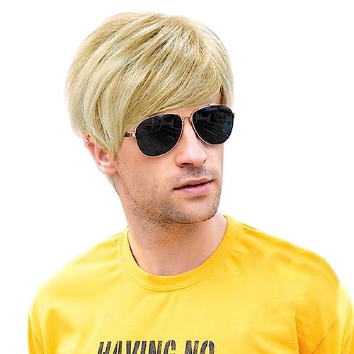 YYHR Men Wig Short Blonde Golden Straight Handsome Synthetic Hair Wigs for Halloween Party