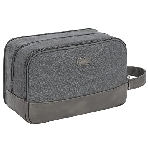 WANDF Travel Toiletry Bag for Men - Leather and Canvas Dopp Kit, Men's Shaving Kit, Small Bathroom Bag for Travel Accessories (Grey)