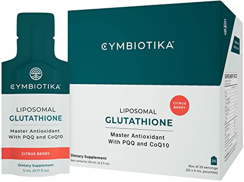 CYMBIOTIKA Glutathione with PQQ & CoQ10, Liposomal Delivery, Reduced Glutathione Supplement 150 mg, for Energy, Gut Health & Immune Support, Natural Antioxidant for Men & Women, Citrus Berry, 25 Pack