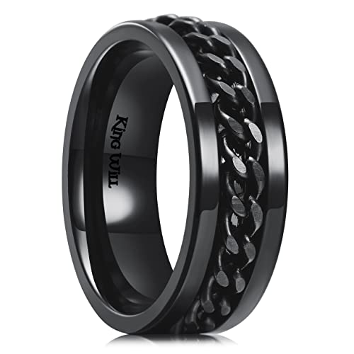 King Will 8mm Black Spinner Ring Stainless Steel Fidget Ring Anxiety Ring For Men Curb Chain Inlay 9.5