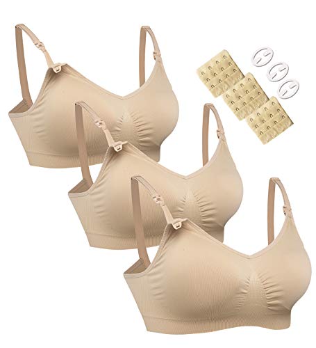 HOFISH Women's Seamless Nursing Maternity Bra Push Up Comfort Sleep Bralette 3PCS/Pack,Beige XL